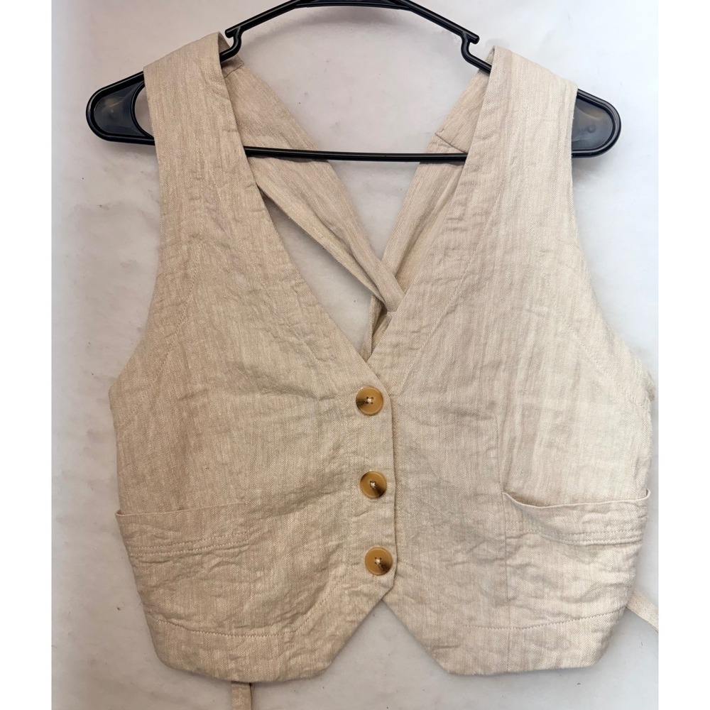 Free People Oatmeal Beige Linen Blend Cropped Vest Waistcoat Size M